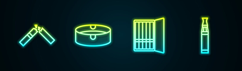 Set line Broken cigarette, Ashtray, Cigarette case and Electronic. Glowing neon icon. Vector