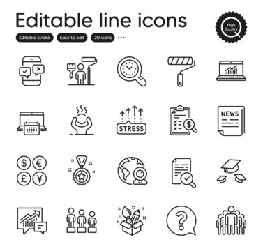 Set of Education outline icons. Contains icons as Calendar, Online statistics and Video conference elements. Throw hats, Paint roller, Creativity web signs. Phone survey. Outline calendar icon. Vector