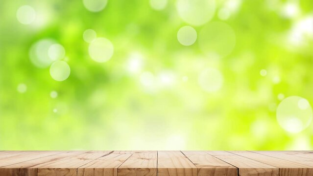 Wooden table. Podium for product. Green summer nature background. Flying particles. 4K. Seamless loop.