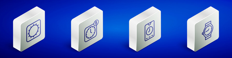 Set Isometric line Sun, Alarm clock app mobile, and Wrist watch icon. Vector