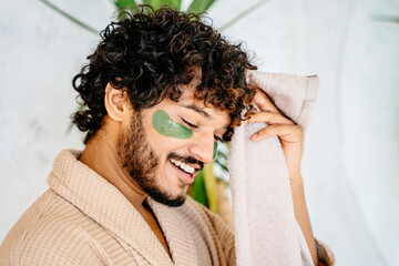 Bio, green and ecological cosmetics. Portrait of attractive confident indian hispanic man with...