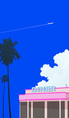 peaceful diner small restaurant seaside scene retro miami style, nostalgia summer vibe illustration