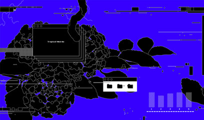 Outline flower and computer glitch and tech stuffs elements with desktop message box, nature and technology concept style, clean mono black and white color