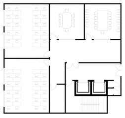 Architectural layout plan with 2 seminar or classroom rooms and 2 small meeting rooms. It is equipped with 2 lifts. 2D CAD drawings in black and white.
