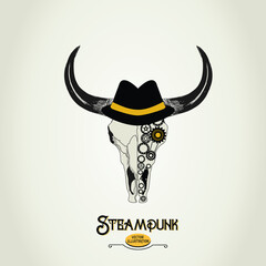 Fototapeta premium Steampunk bull skull illustration with hat and mechanical eye