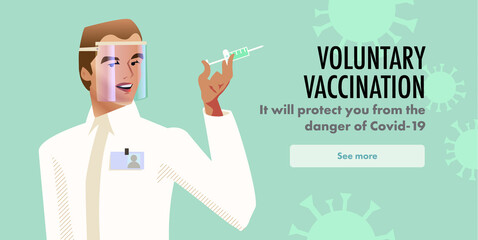 Doctor male character. Corona virus vaccine template. Use it for vaccination campaign advertisement poster design.
