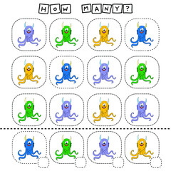 How many counting game with funny cute monsters. Preschool worksheet, kids activity sheet, printable worksheet
