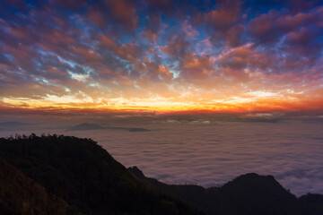An early morning landscape with the sea of ​​clouds below and the morning sun rising.