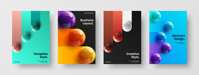 Trendy realistic spheres poster layout bundle. Minimalistic pamphlet design vector illustration composition.