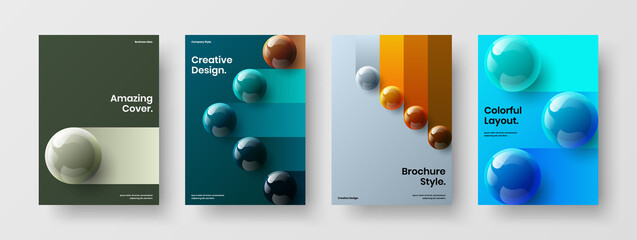 Fresh corporate cover A4 design vector layout set. Simple realistic spheres leaflet concept collection.
