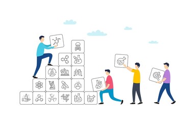 Chemistry lab line icons. People team work concept. Chemical formula, Microscope and Medical analysis. Laboratory test flask, reaction tube, chemistry lab icons. Vector