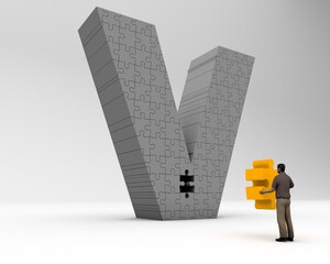 3D illustration of the letter V jigsaw with a man holding the missing piece