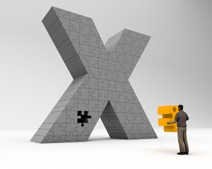 3D illustration of the letter X jigsaw with a man holding the missing piece