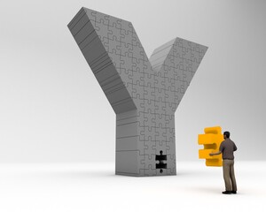 3D illustration of the letter Y jigsaw with a man holding the missing piece