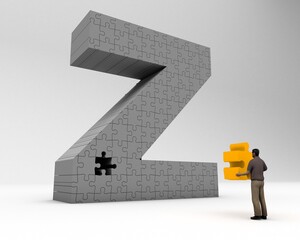 3D illustration of the letter Z jigsaw with a man holding the missing piece