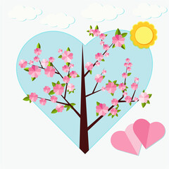 Spring card  with blooming tree, hearts and clouds on the white background. Valentine's Day
