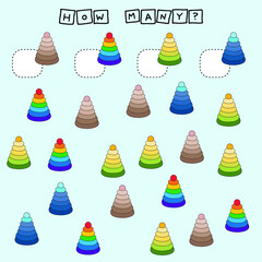 How many counting game with  colorful pyramids. Preschool worksheet, kids activity sheet, printable worksheet
