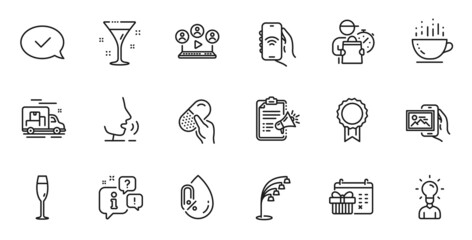 Outline set of Video conference, Christmas calendar and Floor lamp line icons for web application. Talk, information, delivery truck outline icon. Vector