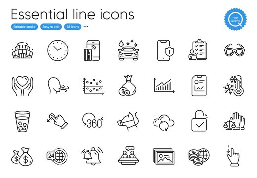 Cloud sync, Cash and Car wash line icons. Collection of Employees talk, Graph, Hold heart icons. Time, Image gallery, Lock web elements. Full rotation, Arena stadium, Coins bags. Ice tea. Vector