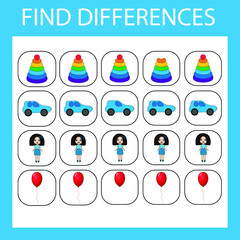 Developing activity for children - find the difference. Logic game for children. Find an extra colorful toys
