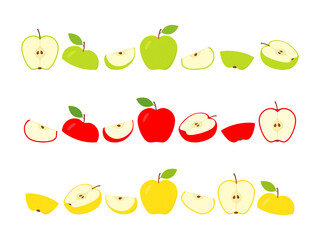 Green, red and yellow apples fresh slices set. Sliced apples big collection. Vector isolated on white.