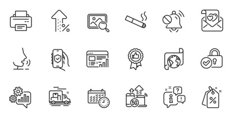 Outline set of 5g internet, Security app and Positive feedback line icons for web application. Talk, information, delivery truck outline icon. Vector