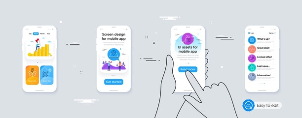 Set of Dating chat, Spanner and Seo gear line icons. Phone ui interface. Include Puzzle, Airplane, Puzzle game icons. Pin, Touchscreen gesture, Chemistry lab web elements. For web, application. Vector