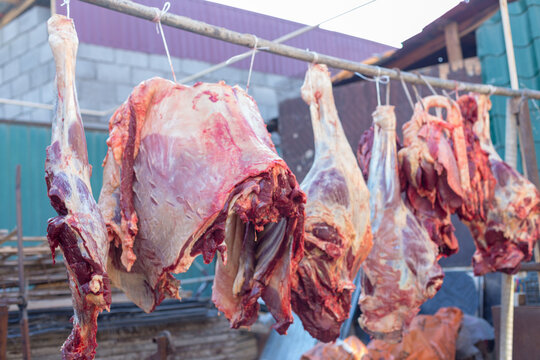 Carcasses of horses are hung out in the open air for airing before meat processing. Carcasses of horses are ready for cutting. Meat business concept.