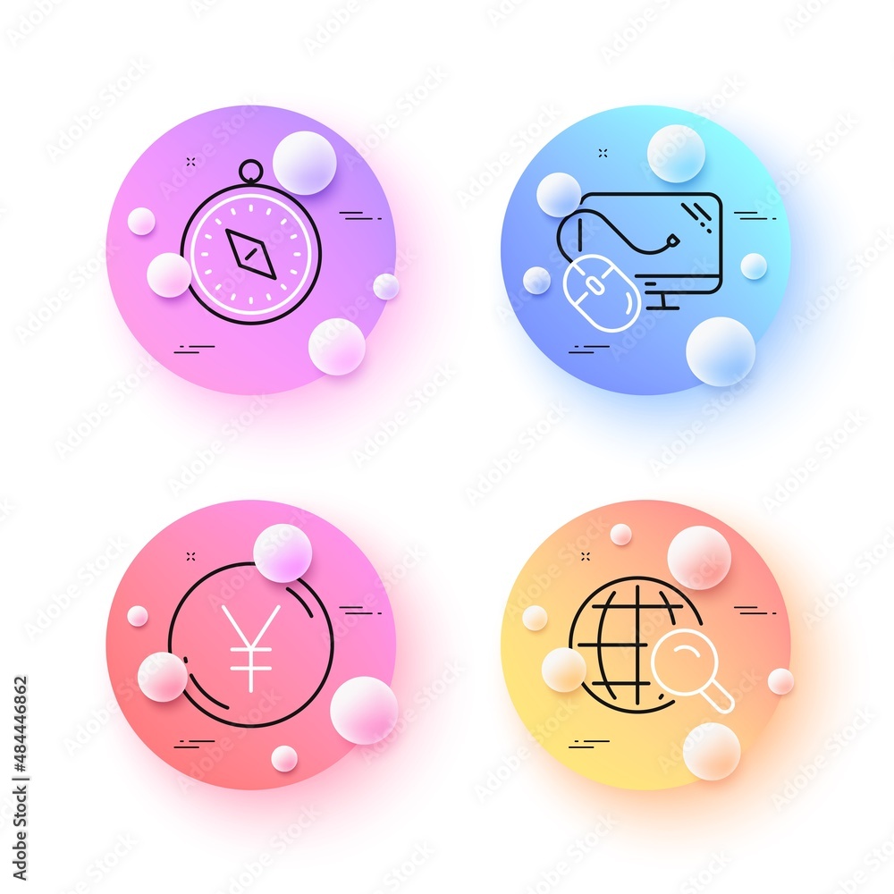 Poster computer mouse, travel compass and internet search minimal line icons. 3d spheres or balls buttons. 