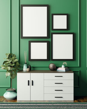 3D render of an emerald green room with 4 picture frames and a dresser