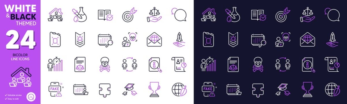 Justice Scales, Cyber Attack And Messenger Line Icons For Website, Printing. Collection Of Accounting, Fake News, Business Statistics Icons. Environment Day, Calendar. Bicolor Outline Icon. Vector