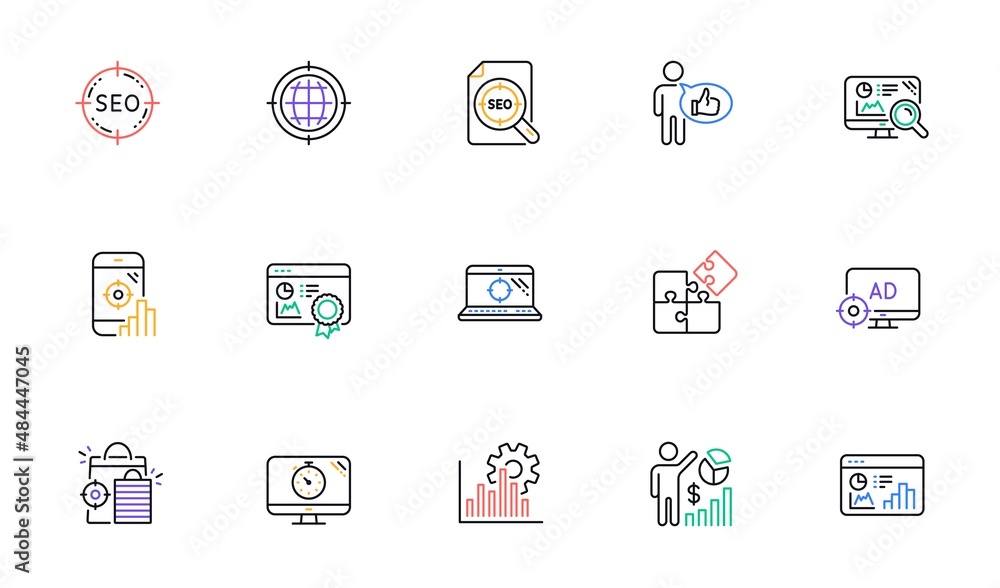 Poster seo line icons. increase sales, business strategy and search optimization. analytics linear icon set