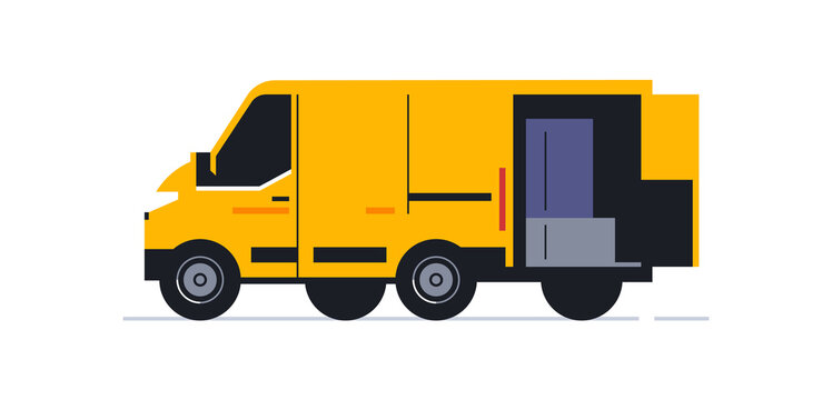 A van for an online home delivery service. Transport for delivery of orders. Van rear view in half turn. Transport with open doors and parcels inside. Vector illustration