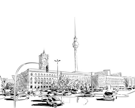 Germany. Berlin TV Tower. Hand drawn sketch. Unusual perspective. City vector illustration