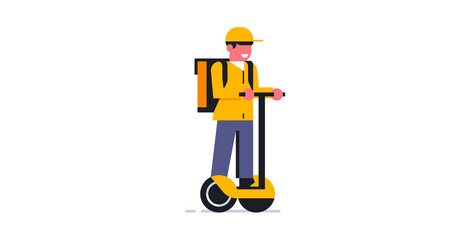 A courier delivers food orders while riding a hoverboard. Online food delivery service to your home. Courier in working uniform. Package, bag, backpack, electric scooter. Vector illustration