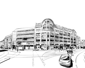 Germany. Berlin. Hackesche yards. Hand drawn sketch. Unusual perspective. City vector illustration