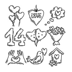 Valentine's Day doodle style hand-drawn icon set with simple engraving retro effect. Romantic mood cute love symbols and elements collection.