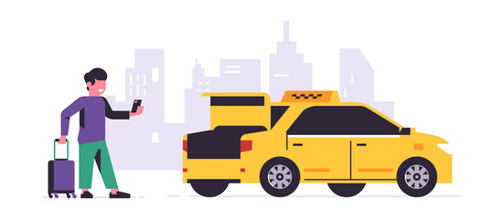 Online taxi ordering service. A driver in a yellow taxi, a passenger, transportation of people. Man with a suitcase, city, cab. Vector illustration isolated on background.