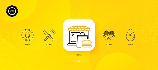 Fototapeta na wymiar Coffee, Food and Food market minimal line icons. Yellow abstract background. Refill water, Hot water icons. For web, application, printing. Roasted bean, Cutlery, Burger restaurant. Vector