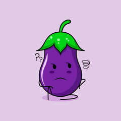 cute eggplant character with thinking expression and sit down. green and purple. suitable for emoticon, logo, mascot