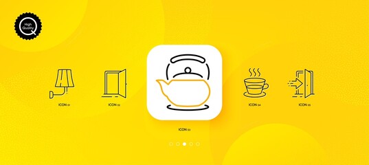 Fototapeta na wymiar Open door, Entrance and Coffee cup minimal line icons. Yellow abstract background. Wall lamp, Teapot icons. For web, application, printing. Entrance, Open door, Tea mug. Electric sconce. Vector