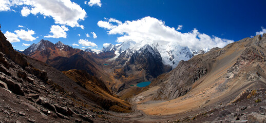 Panorama of snowy mountains and valley in the remote Cordillera Huayhuash Circuit near Caraz in...
