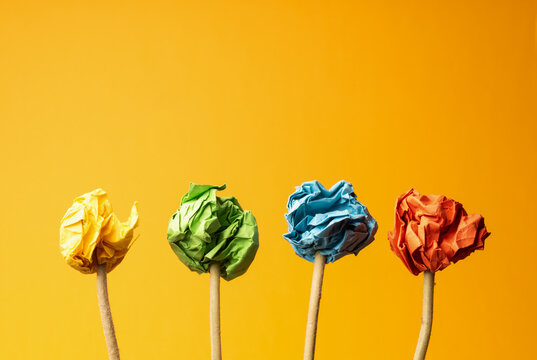 Four flower stems with colorful paper balls as flowers