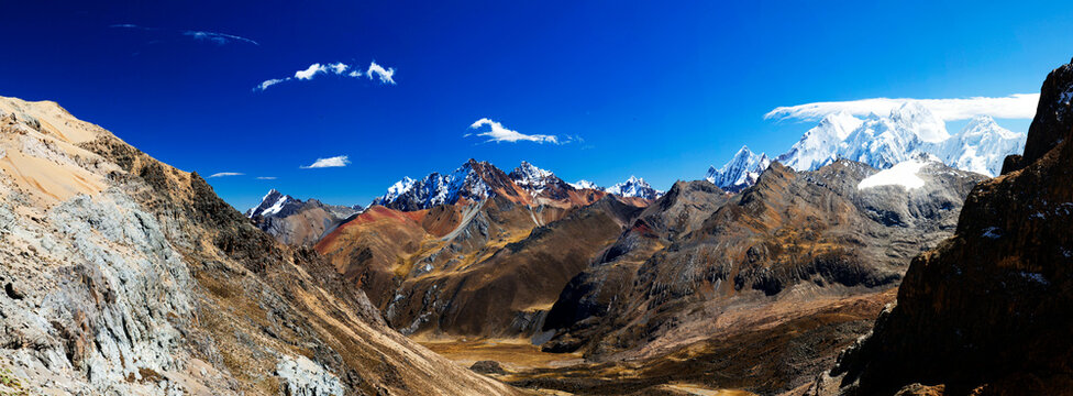 Panorama of snowy mountains and valley in the remote Cordillera Huayhuash Circuit near Caraz in Peru.