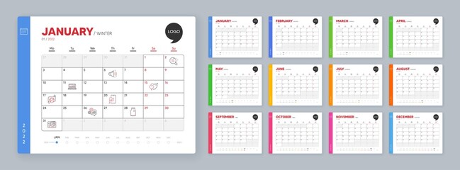 Calendar 2022 month schedule. Translation service, Cogwheel and Location app minimal line icons. Skin condition, Male female, T-shirt icons. Loud sound, Web analytics, Motherboard web elements. Vector - obrazy, fototapety, plakaty