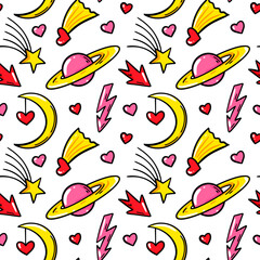 Hand drawn cosmic love seamless pattern. Valentines Day design. Vector illustration