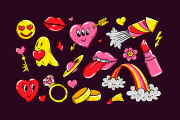 Love Sticker pack with modern weird characters. Vector illustration. Valentines Day design elements