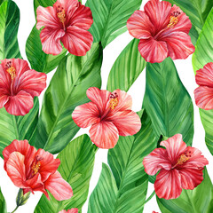 Watercolor exotic tropical seamless pattern with hibiscus, palm leaves. Summer background for fabric, print design.