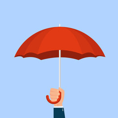 Hand holding umbrella isolated on white background. Security concept. Vector stock