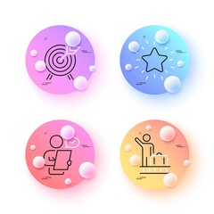 Customer survey, Luggage belt and Archery minimal line icons. 3d spheres or balls buttons. Rank star icons. For web, application, printing. Contract, Arrival baggage, Attraction park. Vector